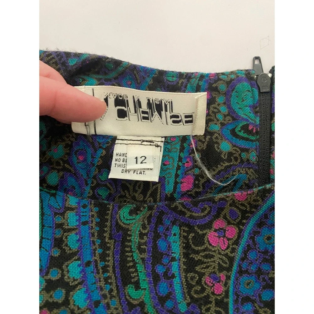 La Chemise Vintage 80s Paisley Drop Waist Midi Dress Teal Purple Magenta Size 12
